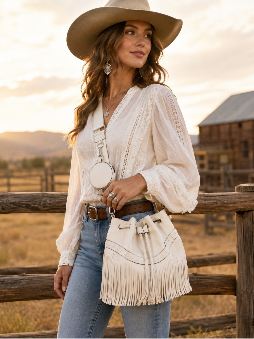 Women Bucket Fringe Bag Western Purse Vegan Leather Tassel Hippie Shoulder